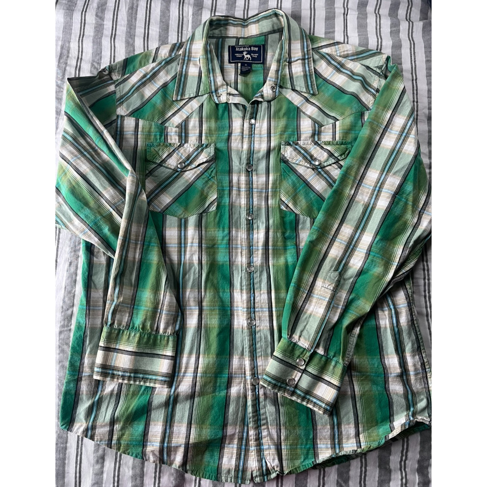 Atakoka Bay Western Handcrafted Nepal Mens Pearl Snap green Plaid Shirt XL